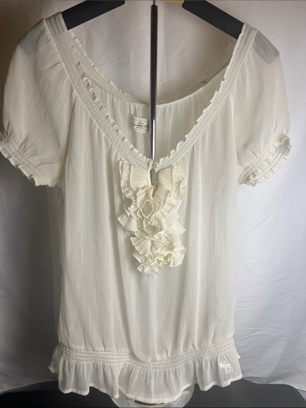 Vintage Abercrombie & Fitch White Ruffled Peasant Blouse Size   Large Y2K Boho
